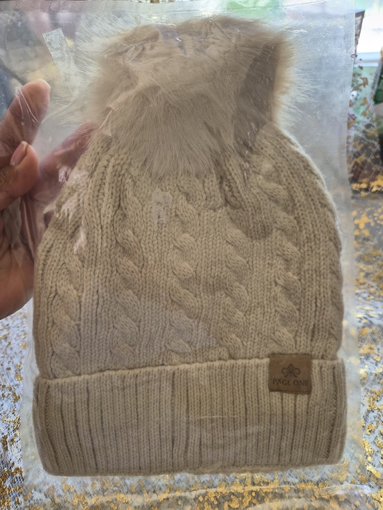 Other - PAGE ONE Cable Knit Pom Beanie - Beige